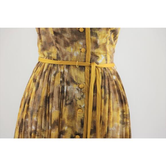 1960s Mustard Yellow and Brown Printed Cotton Day Dress Small - Picture 2 of 9